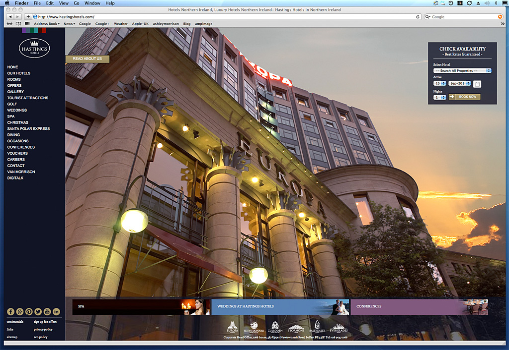 Screen shot of a page on the Hastings Hotel's website showing the image we produced of the Europa Hotel.