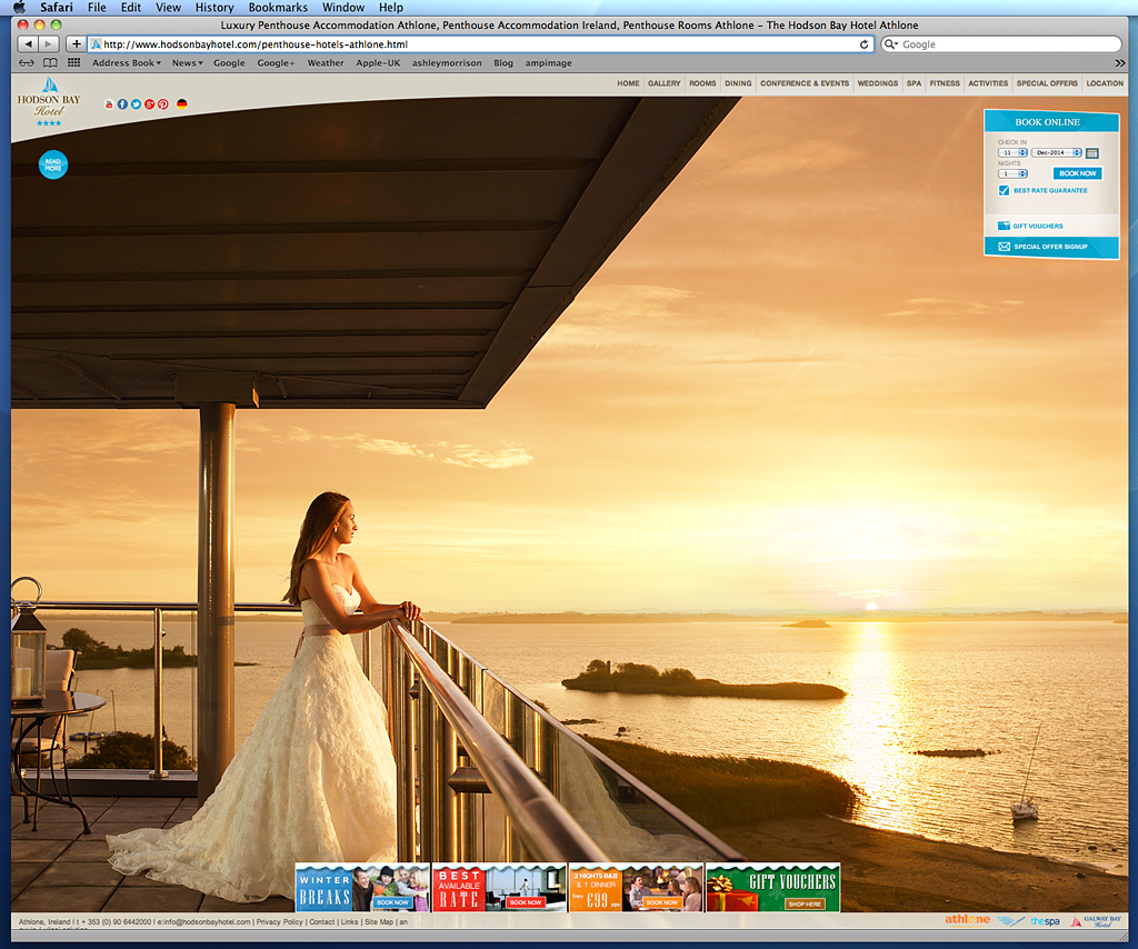 Sreen shot showing the web page of the Penthouse suite view which overlooks the Lake at the Hodson Bay Hotel.