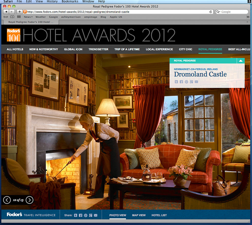 Screen shot of the 2012 Fodors' top 100 hotels in the World page showing Dromoland Castle's award wining achievement.
