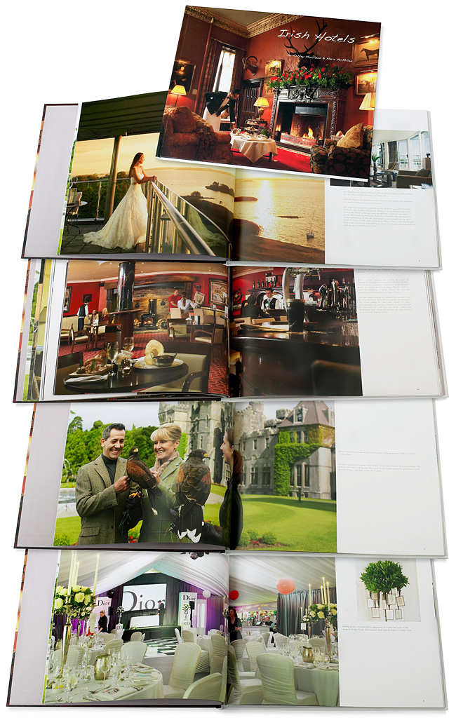 Book called Irish Hotels by Ashley Morrison & Marie McMillen showing some of the pages containing images produced at the Hodson Bay Hotel in County Westmeath and Ashford Castle in County Mayo.