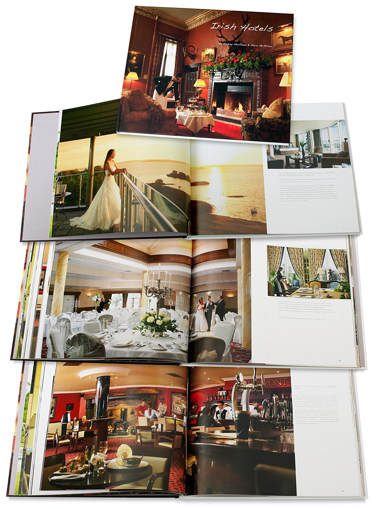 Book called Irish Hotels by Ashley Morrison & Marie McMillen showing some of the pages containing images produced at the Hodson Bay Hotel in County Westmeath.