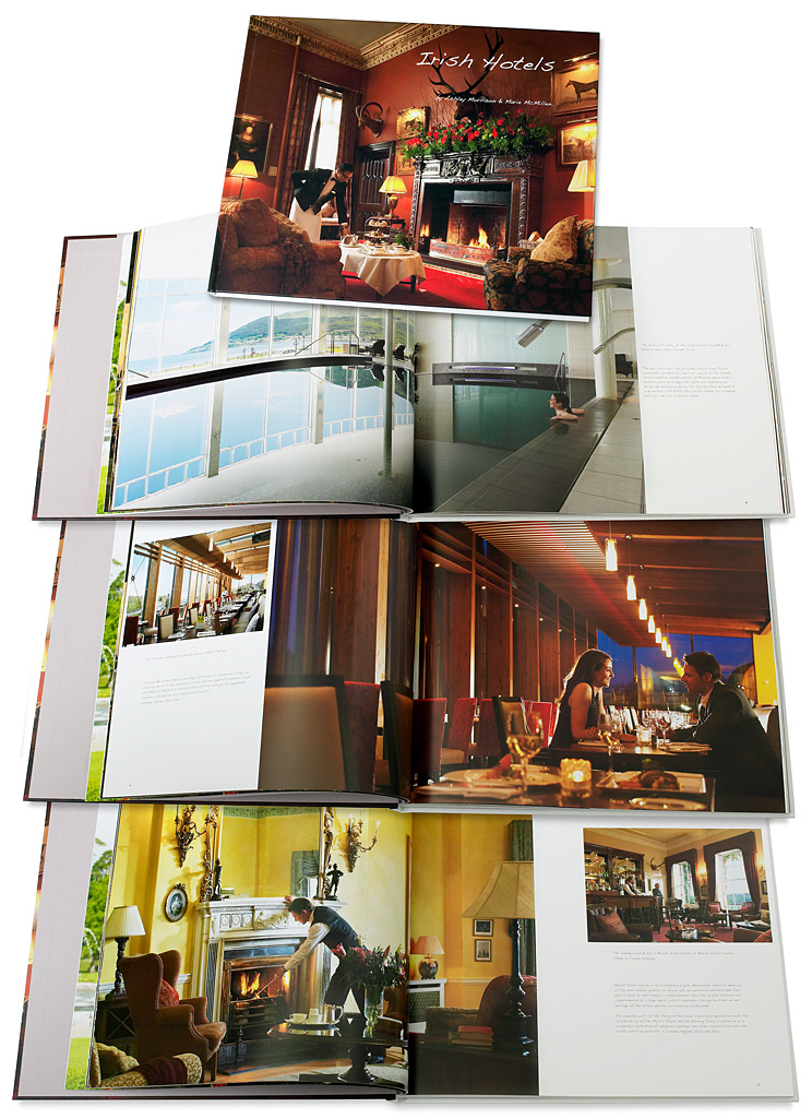 Book called Irish Hotels by Ashley Morrison & Marie McMillen showing some of the pages containing images produced at the Slieve Donard Hotel, the Ice Hotel Hotel and at Mount Juliet, as well as cover image which was produced at Dromoland Castle.