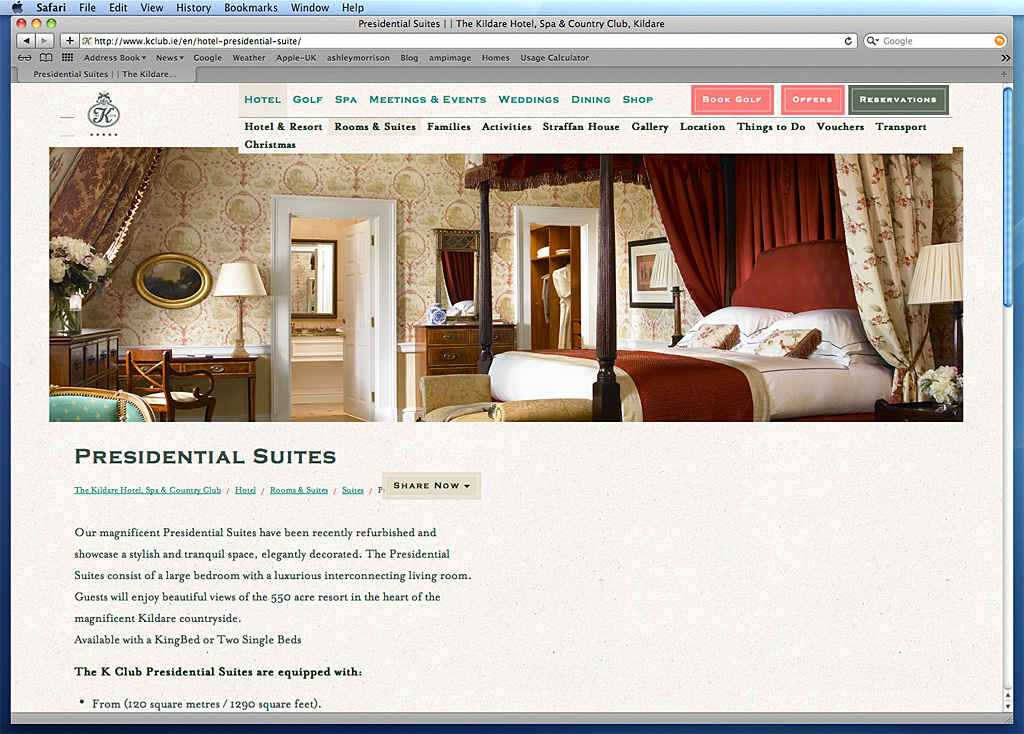 The Presidential Suites page on The K Club's website.