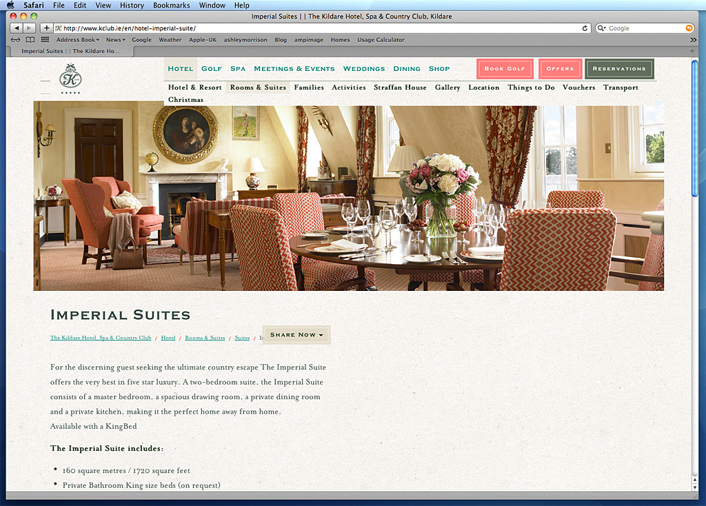 The Imperial Suites page on The K Club's website.