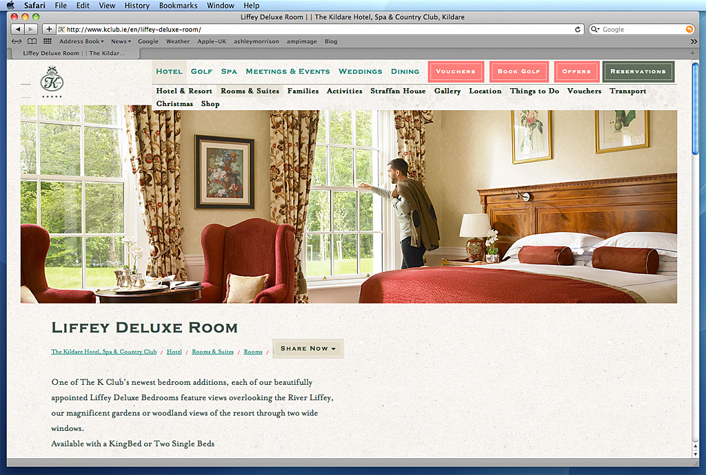 Screen shot showing the Liffey Deluxe Room on The K Club's website.