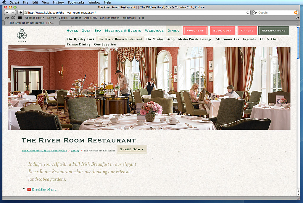 Screen shot of the River Room Restaurant on The K Club's website.