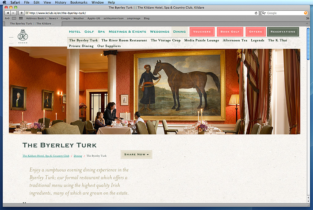 Screen shot of the Byerley Turk restaurant on The K Club's website.