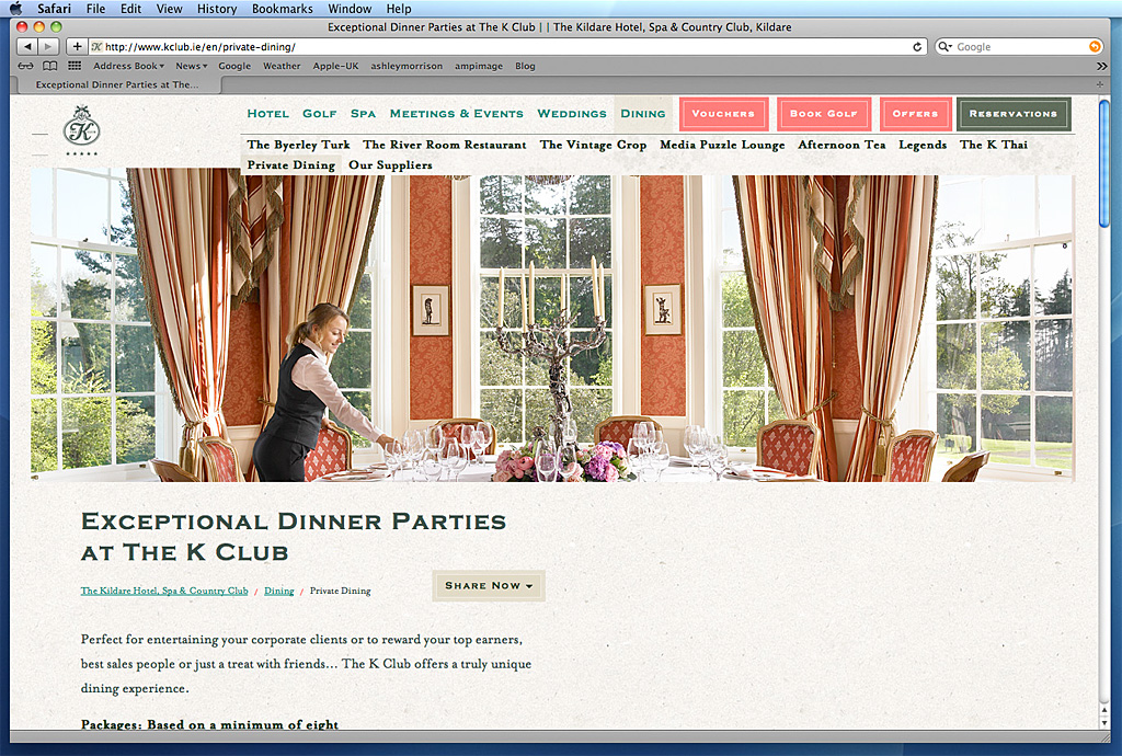 Screen shot of the Pantheon Suite page on the K Club's website.