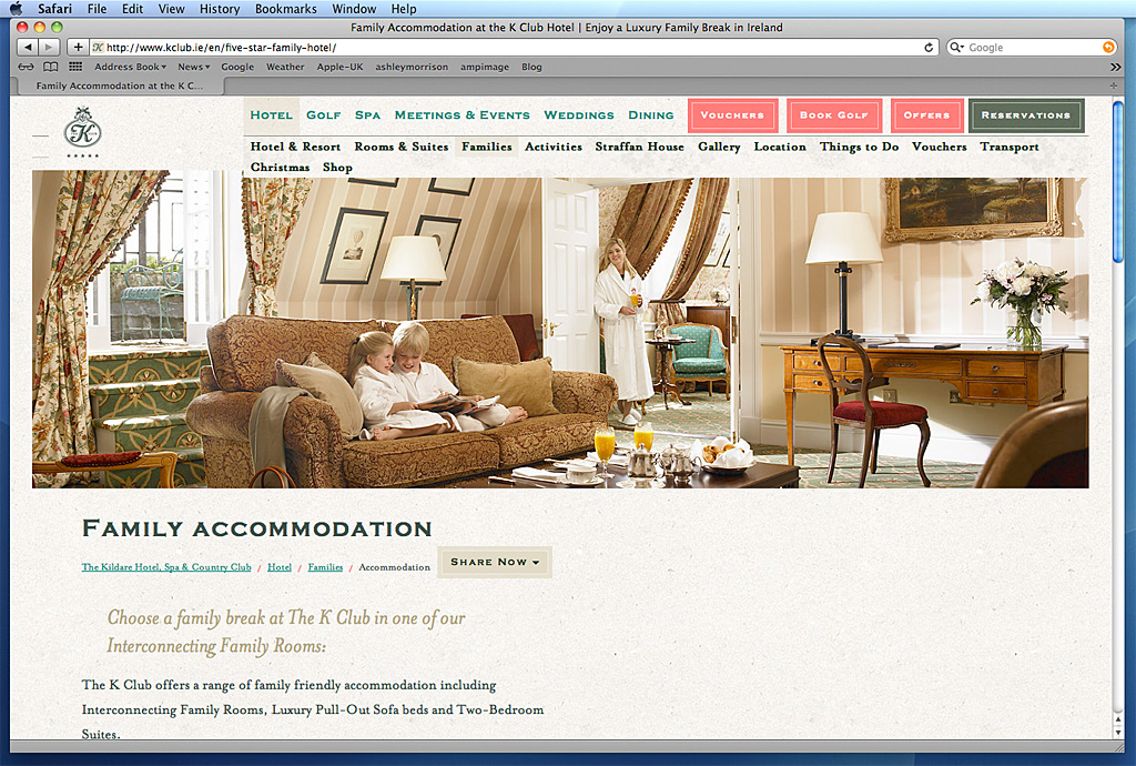 Screen shot of the Family Accommodion page on the K Club's website.