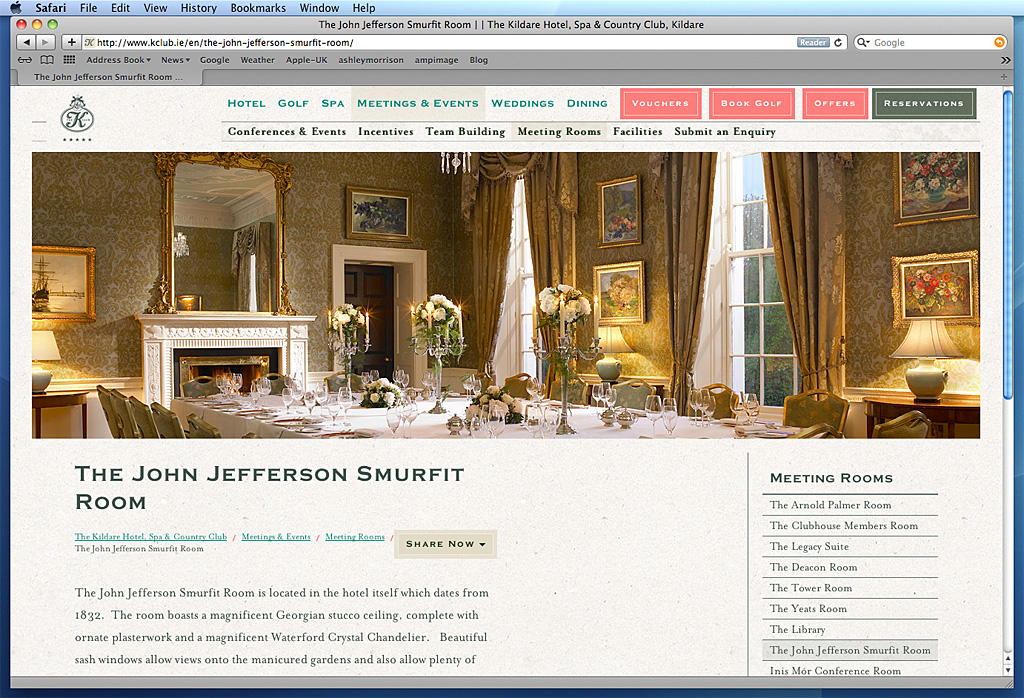 Screen shot of the John Jefferson Smurfit Room on The K Club's website.