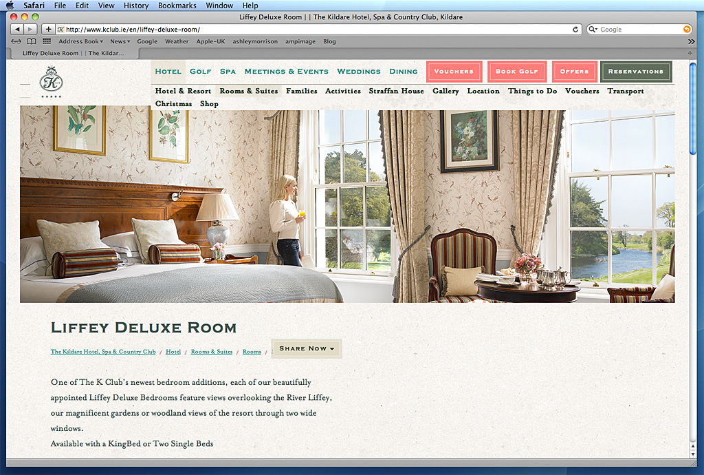Screen shot showing the Liffey Deluxe Room on The K Club's website.