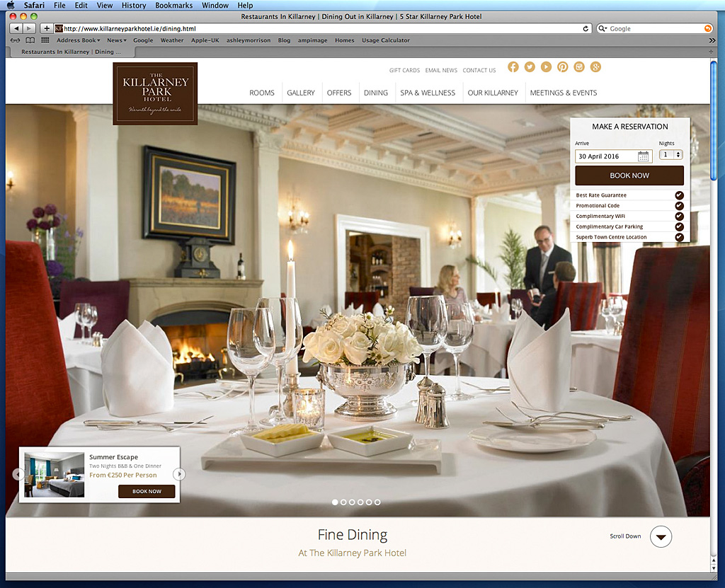Screen shot of the Fine Dining page on the Killarney Park Hotel's website.