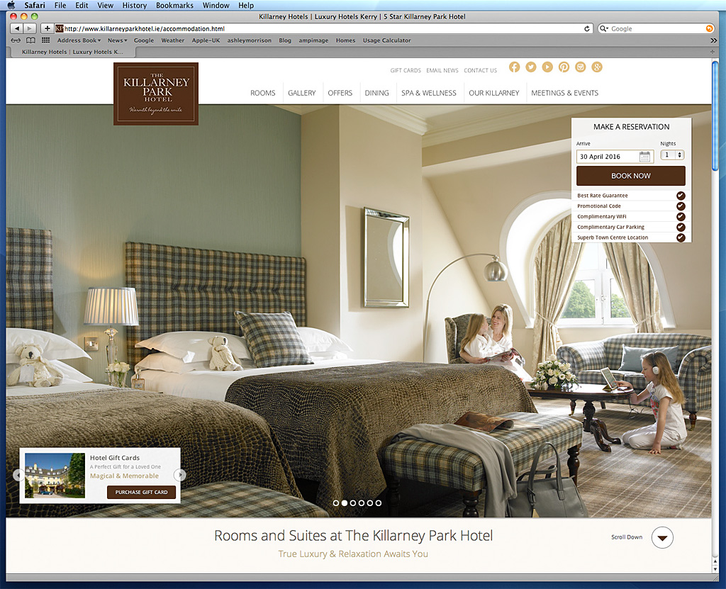 Screen shot showing how our work was used on the Rooms and Suites page on The Killarney Park Hotel's website.