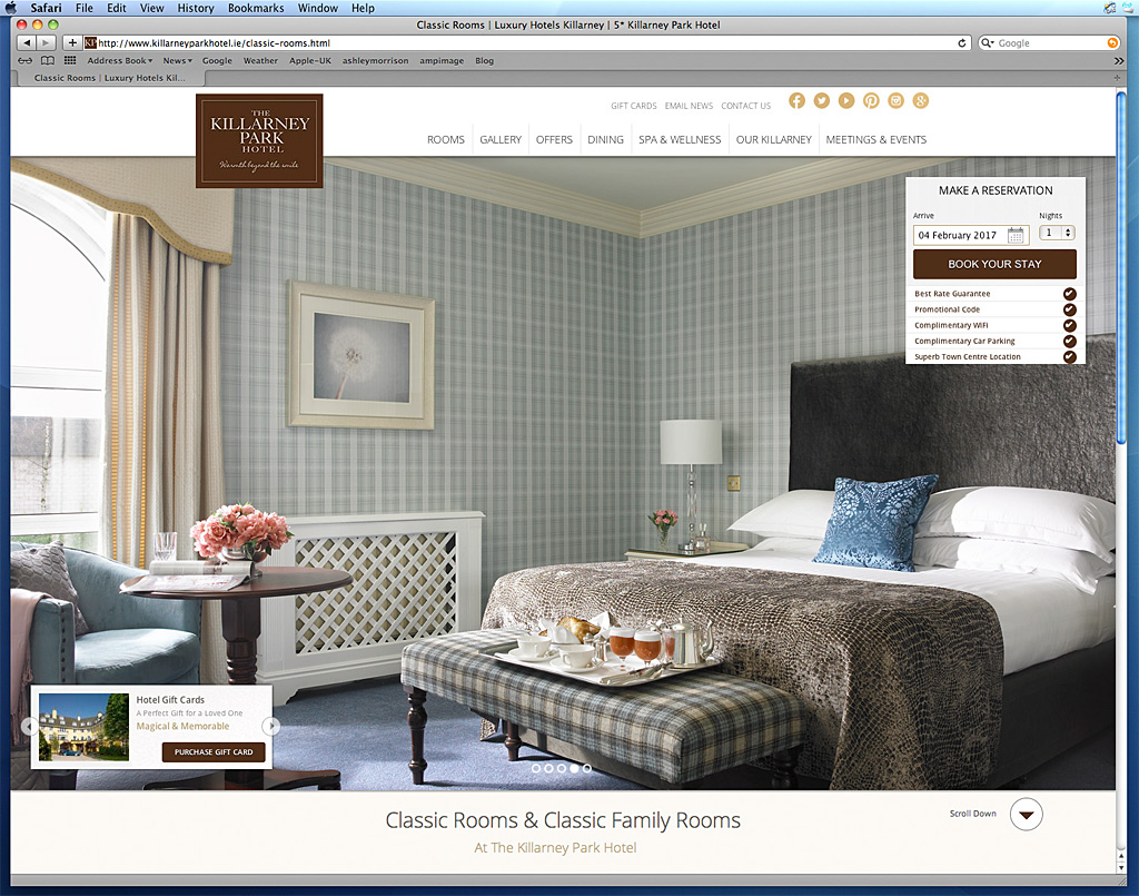 Screen shot of the Classic Rooms & Classic Family Rooms page on the Killarney Park Hotel's website.