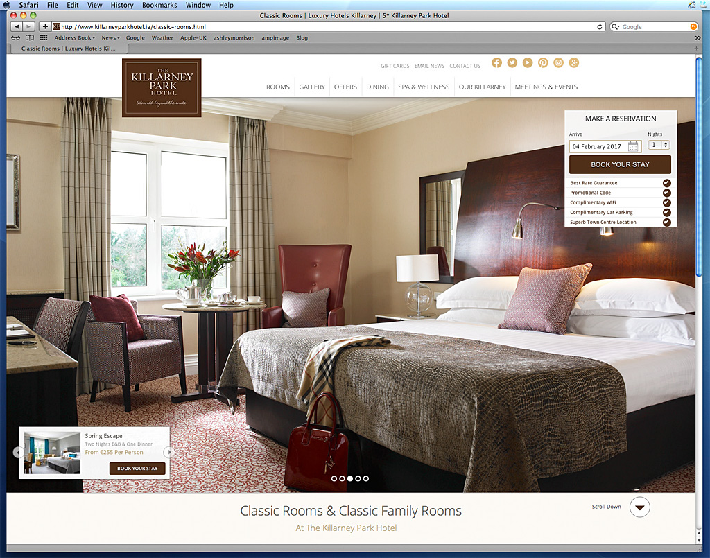 Screen shot of the Classic Rooms & Classic Family Rooms page on the Killarney Park Hotel's website.