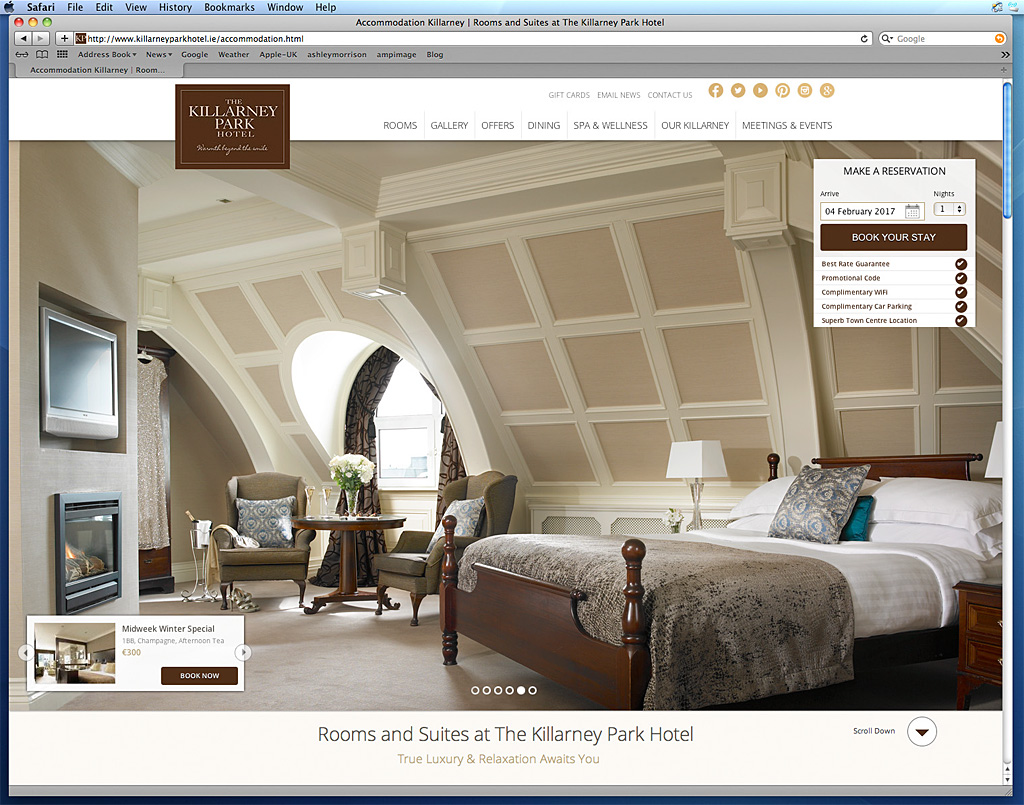 Screen shot of the Rooms and Suites page on the Killarney Park Hotel's website.