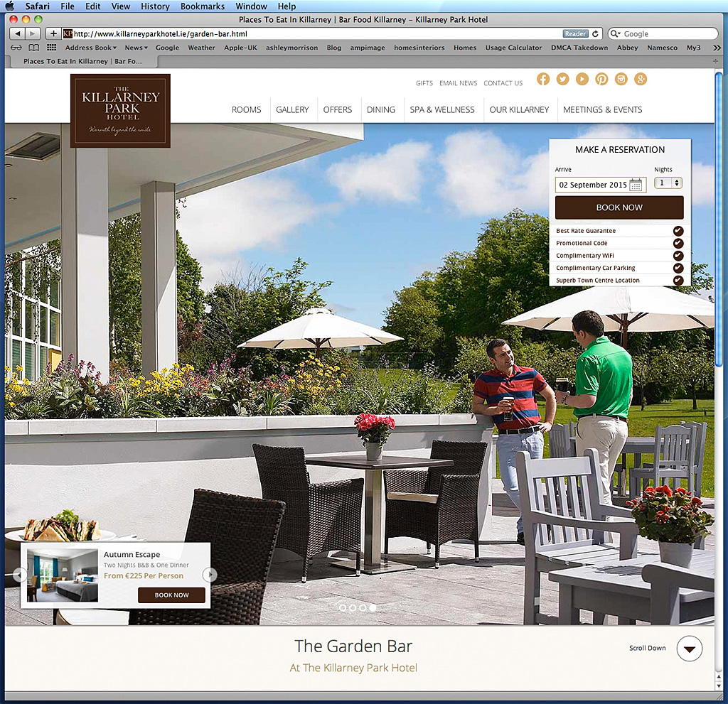Screen shot the Garden Bar page on The Killarney Park Hotel's website.