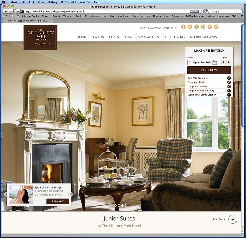 Screen shot of a page on the Killarney Park Hotel's website about the Junior Suites.
