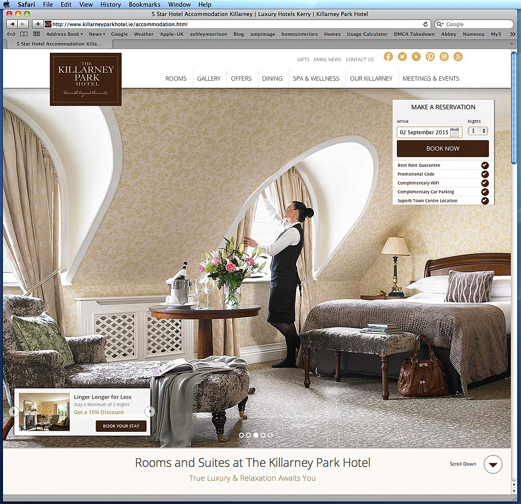 Screen shot of the Rooms and Suites page on The Killarney Park Hotel's website about the Accommodation.