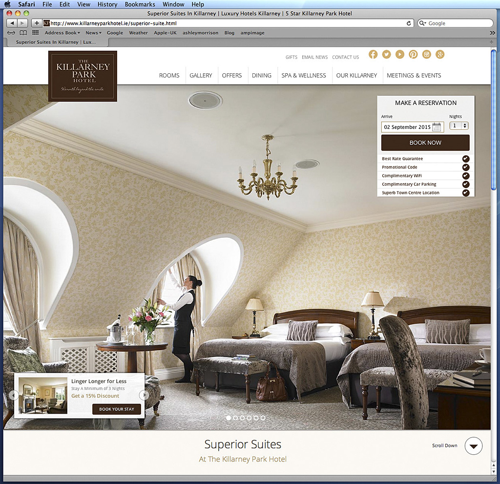 Screen shot of the Superior suite page on The Killarney Park Hotel's website about the Accommodation.