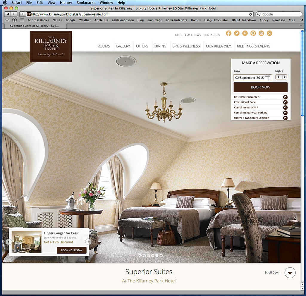 Screen shot of the Superior Suites page on The Killarney Park Hotel's website about the Accommodation.