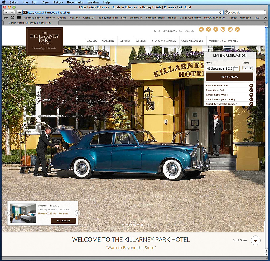 Screen shot of the Home page on The Killarney Park Hotel's website.