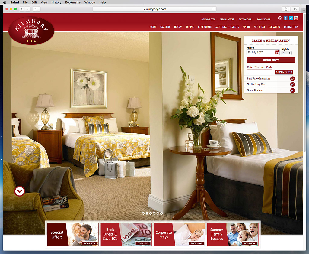 Screen shot of the Home Page on Kilmurry Lodge Hotel's website.