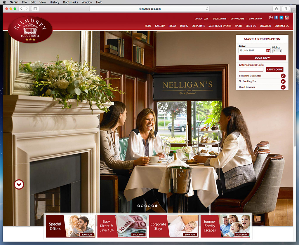 Screen shot of the Home Page on Kilmurry Lodge Hotel's website.