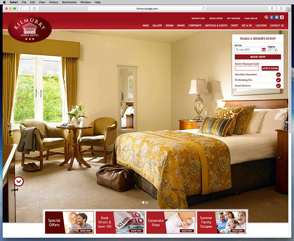 Screen shot of the Kilmurry Lodge Hotel's website.