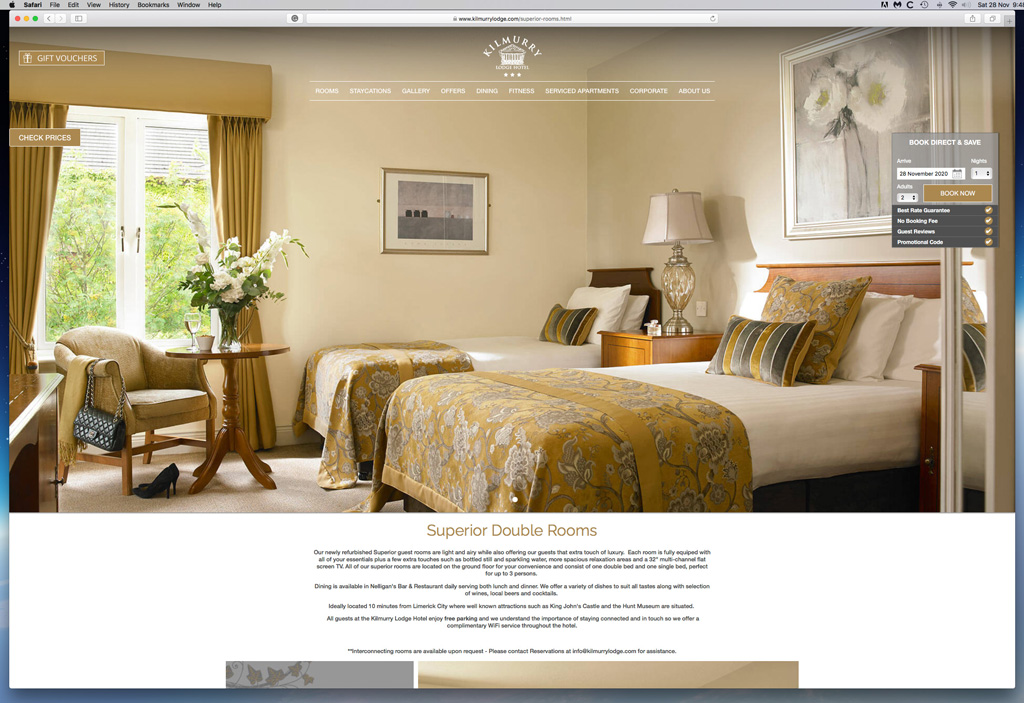 Our work as seen on the Superior Double Rooms page of the Kilmurry Lodge Hotel's website.