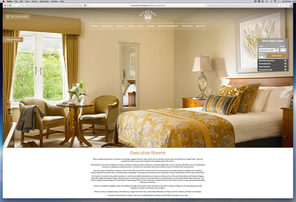 Our work as seen on the Executive Rooms page of the Kilmurry Lodge Hotel's website.