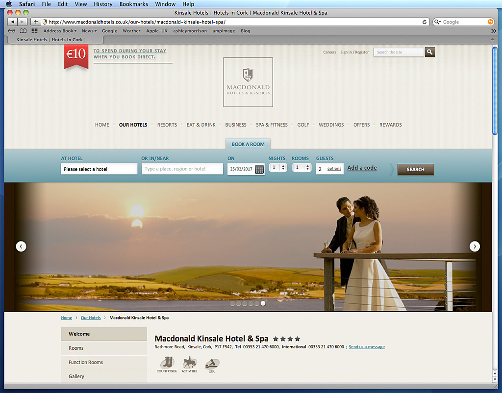 Screen shot of the Home page on Macdonald Kinsale Hotel & Spa's website.