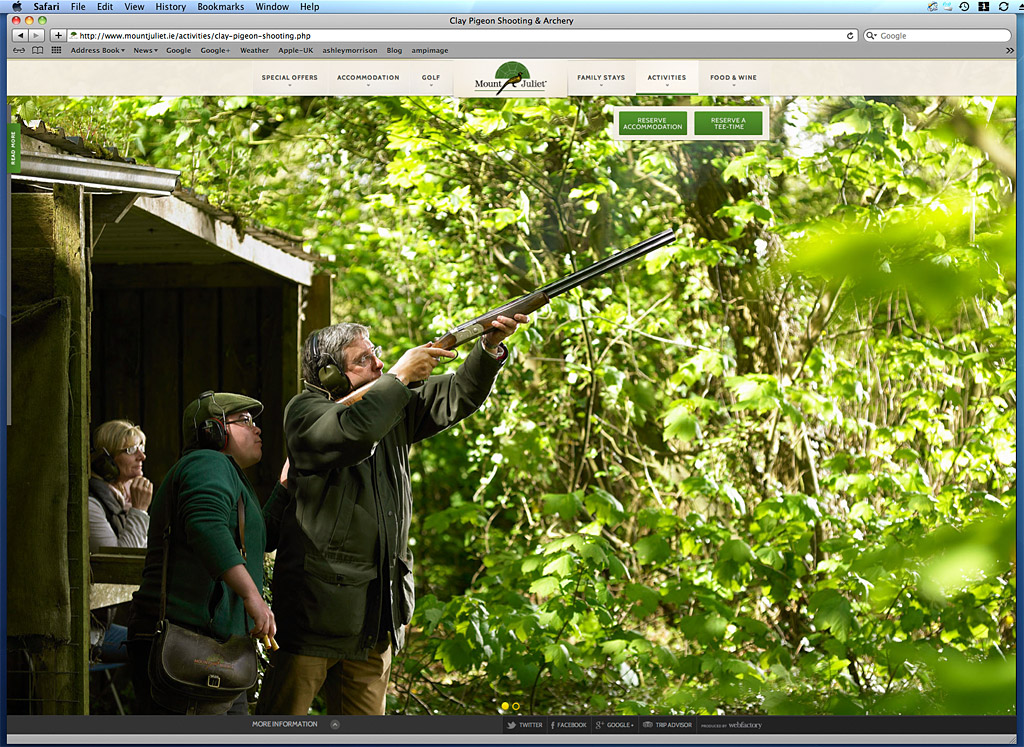 Screen shot of the Clay pigeon shooting page on Mount Juliet Country Estate's website.
