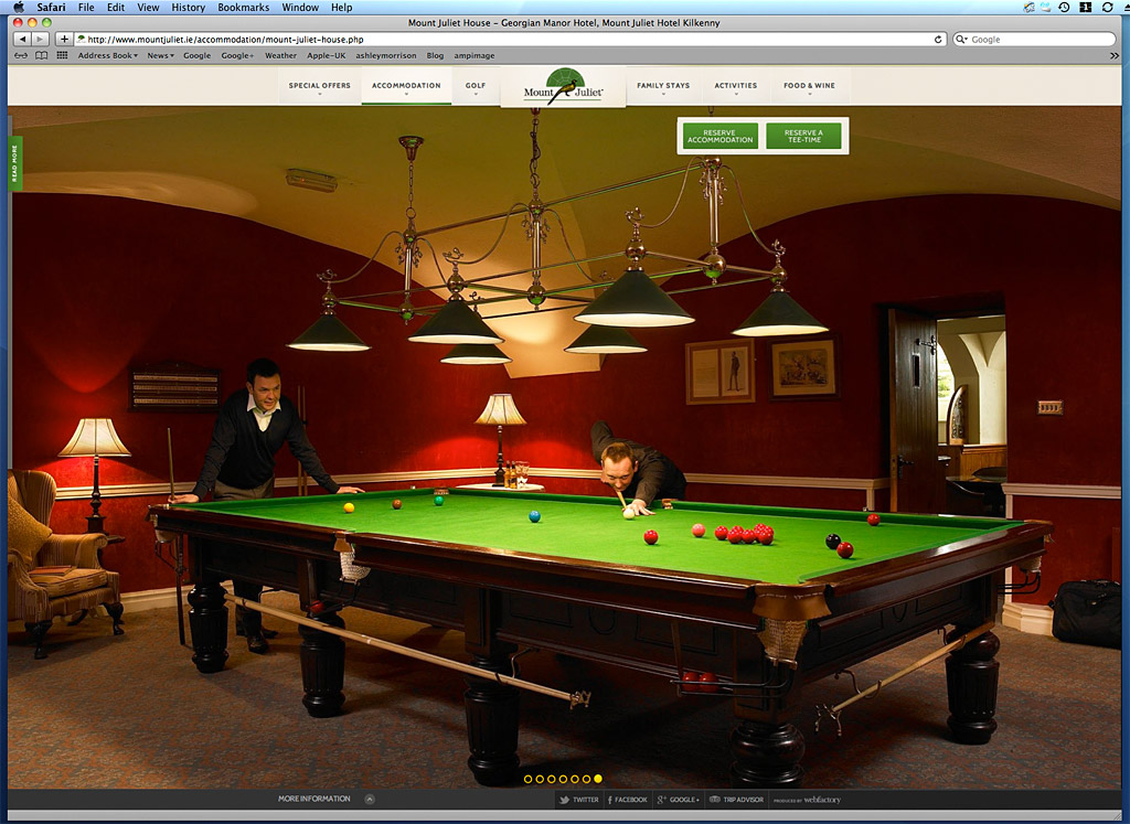 Screen shot of a page on Mount Juliet Country Estate's website showing the image we produced of the Billiard Room in the basement.