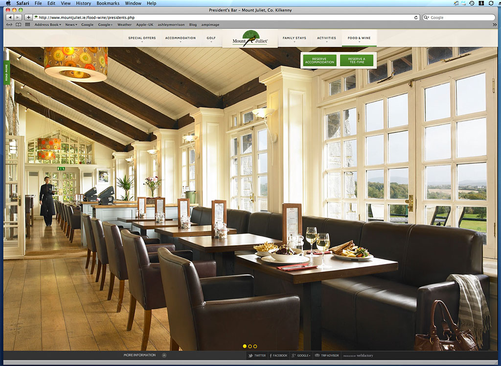 Screen shot of a page on Mount Juliet Country Estate's website showing the image we produced of the Conservatory restaurant in the President's Bar.