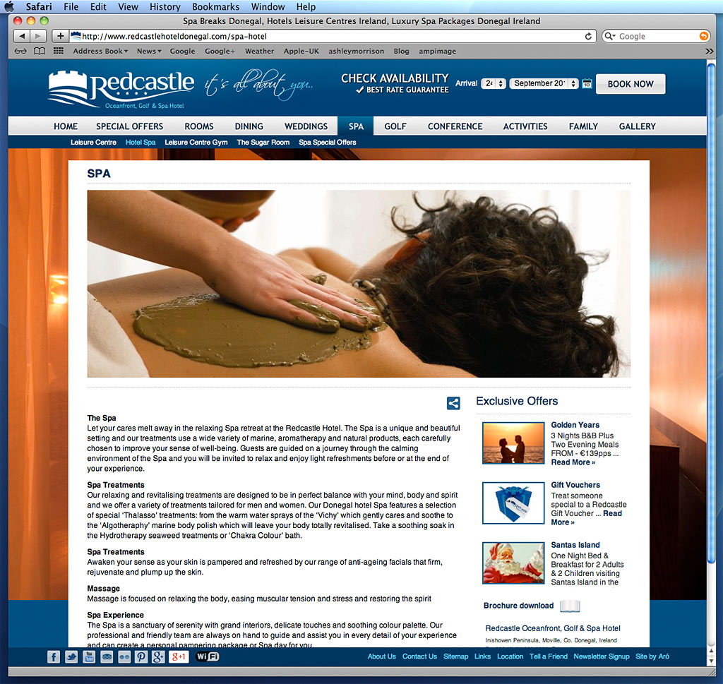 Sreen shot showing the Spa page of the Redcastle Hotel in Donegal's website.
