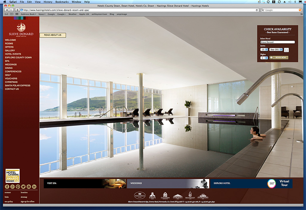 Screen shot of a page on the Hastings Hotel's website showing the image we produced of the pool at the Slieve Donard Resort and Spa.