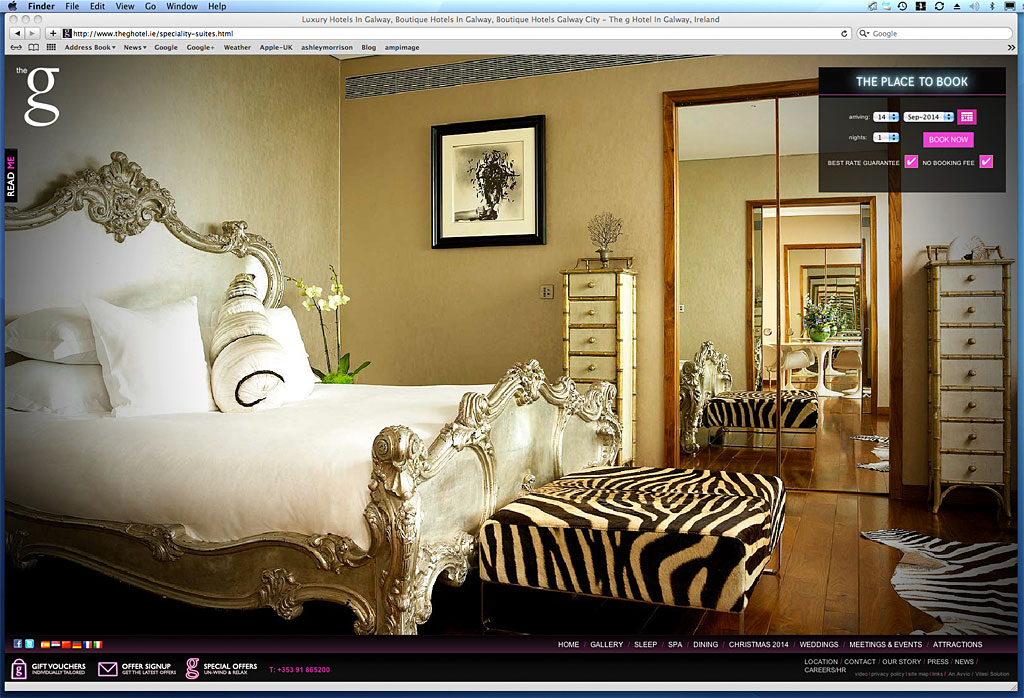 Screen shot showing how our image was used on the Linda Evangelista suite page of the G Hotel's website.