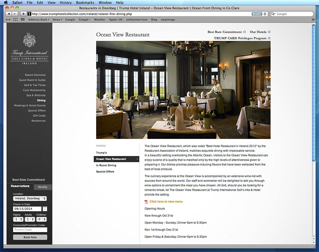 Screen shot showing how our image was used on the Ocean View  Restaurant page of Trump International Golf Links & Hotel Ireland's website.