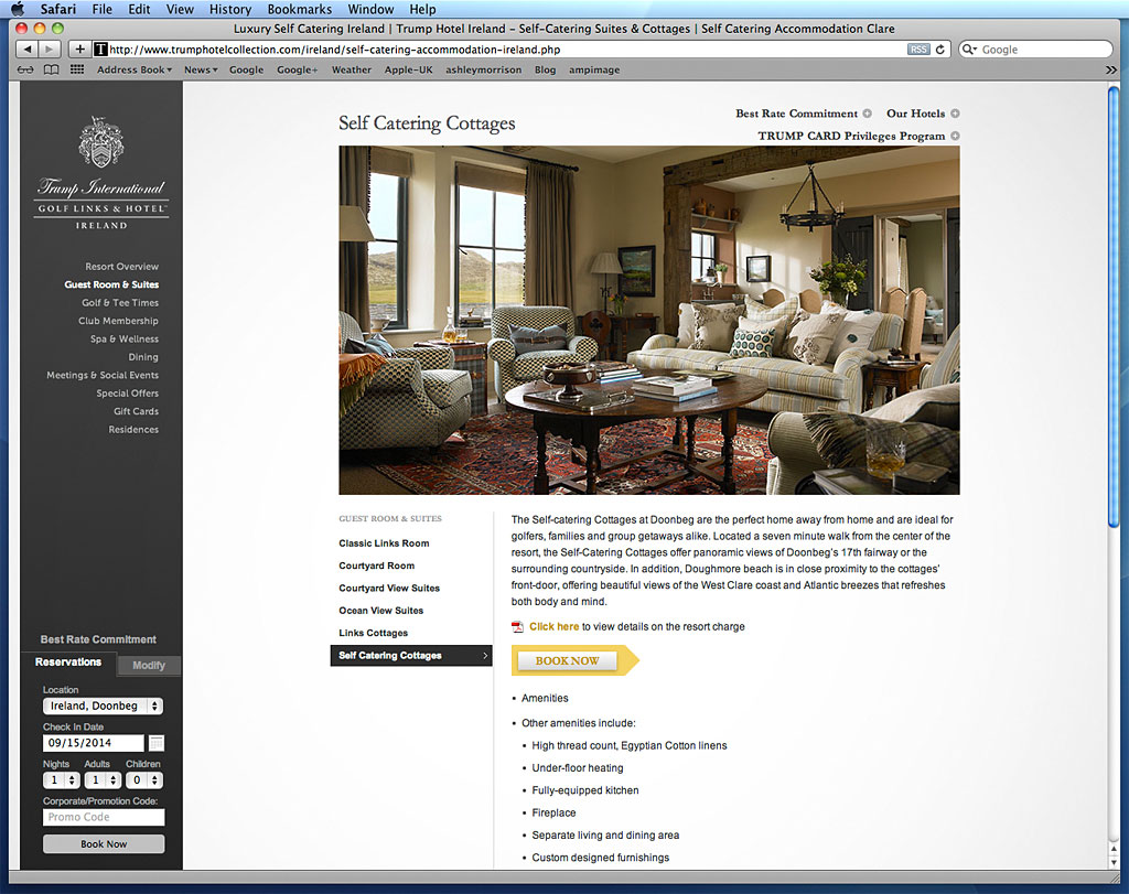 Screen shot showing how our image was used on the Self Catering Cottages page of Trump International Golf Links & Hotel Ireland's website.