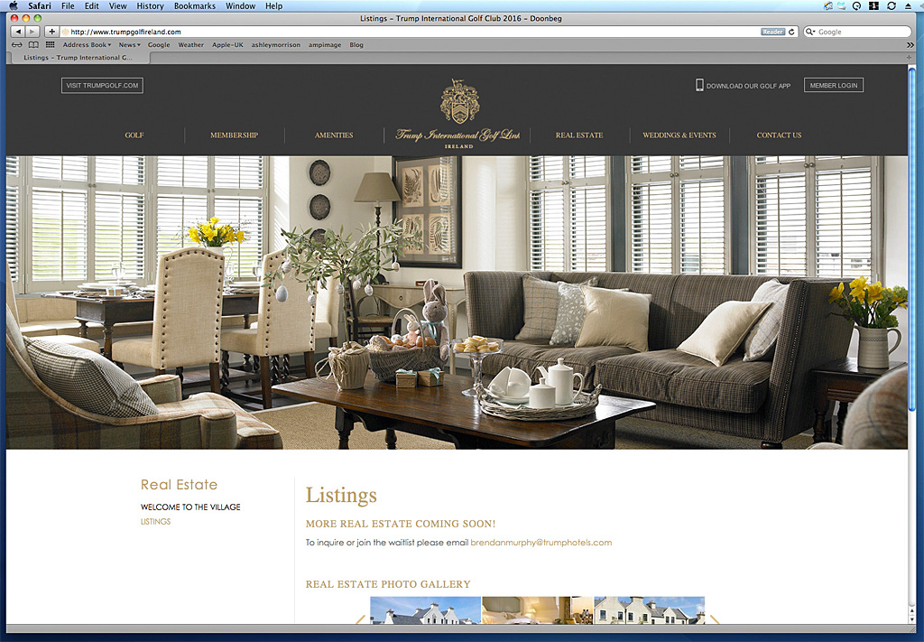 Real Estate page on the website of Trump International Golf Link Hotel in Ireland.