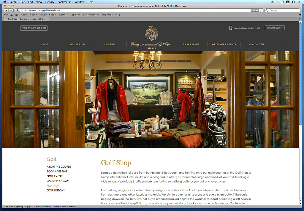 The Golf Pro Shop page on the website of Trump International Golf Link Hotel in Ireland.