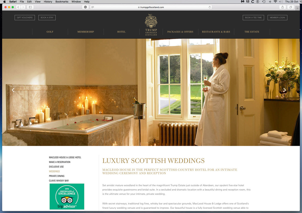 Screen shot of the Weddings page on the website of Trump International Golf Links hotel in Scotland.