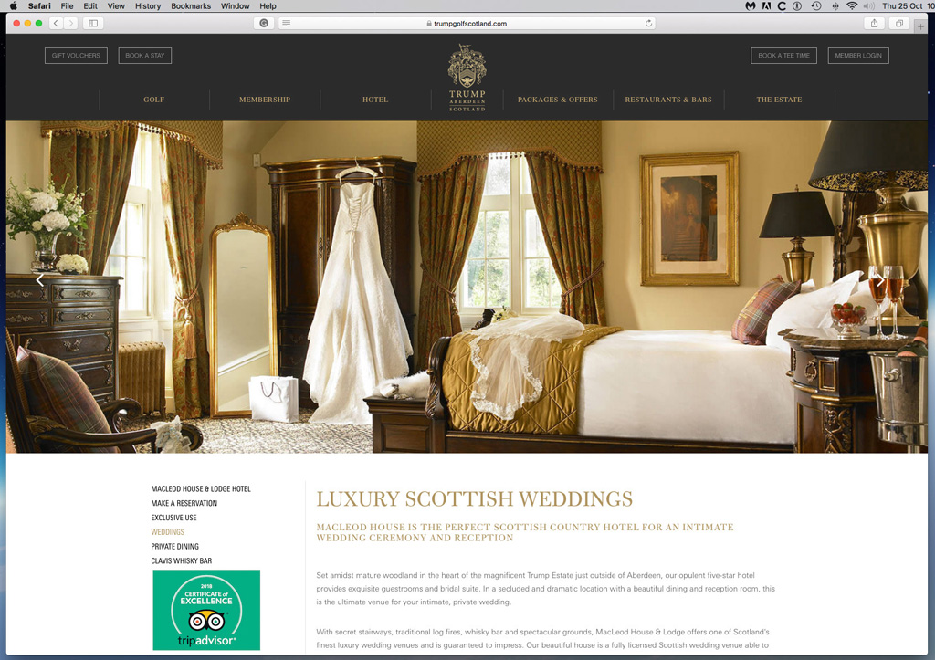 Screen shot of the Weddings page on the website of Trump International Golf Links hotel in Scotland.