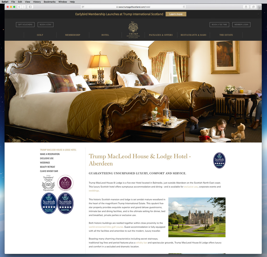 Our work as seen on the 'Macleod House & Lodge Hotel' page on the Trump International in Scotland's website.