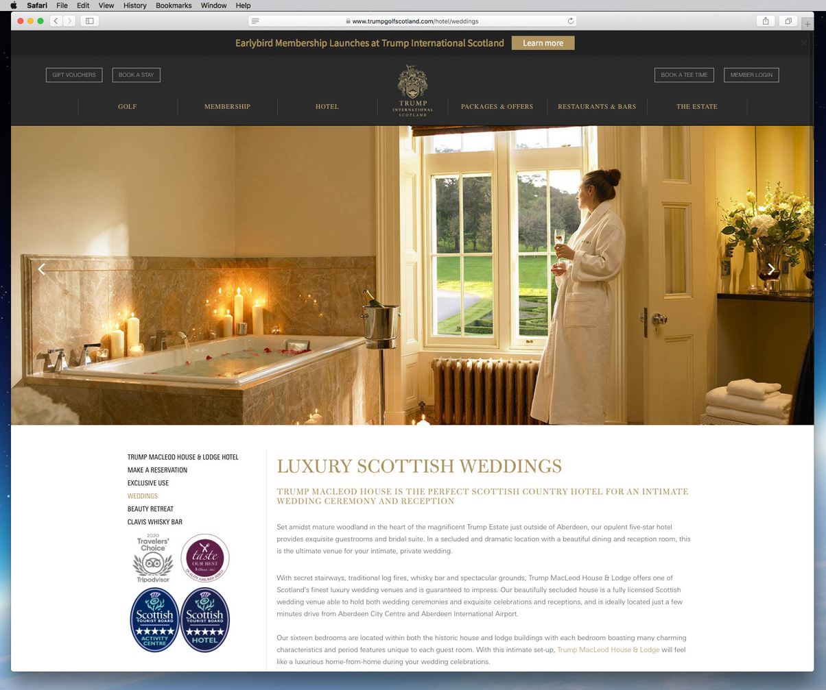 Our work as seen on 'Weddings' page of the Trump International Hotel in Scotland's website.
