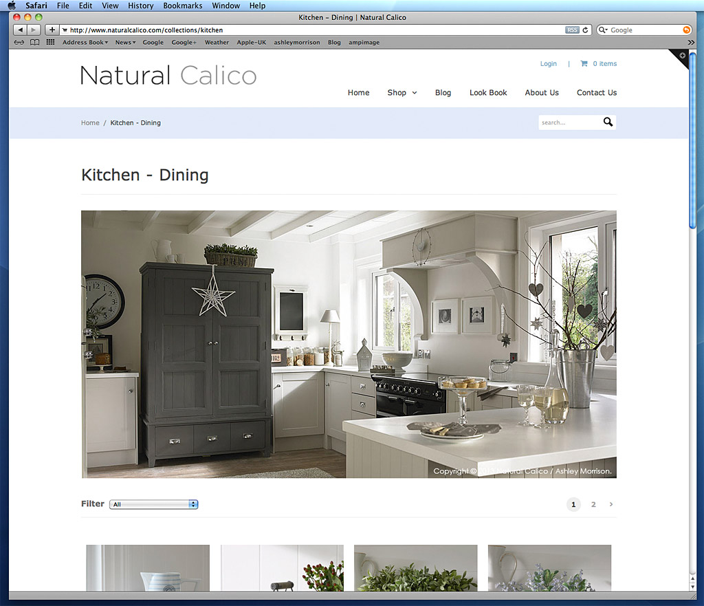 Screen shot of the kitchen & dining collection page on  Natural Calico's website.