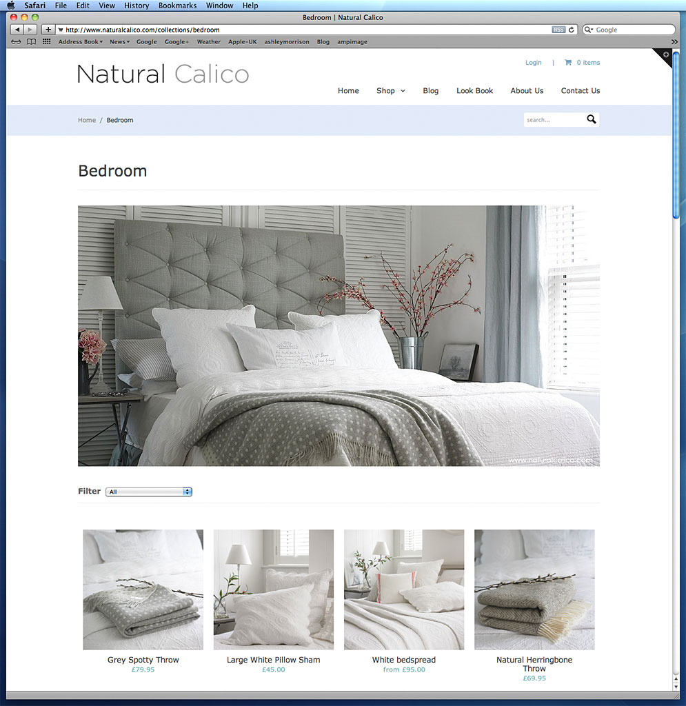 Showing how my images were used in the bedroom collection page on the Natural Calico's website.